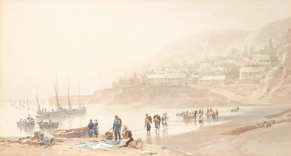 Late 19th century, English School, Harbour view with fishermen and women, indistinctly signed, partially obscured by mount, heightened watercolour, 21 x 36cm